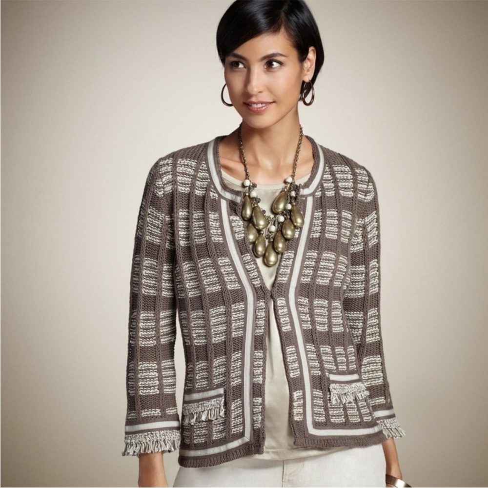 Chicos Avery Grosgrain Fringe Cardigan Sweater Brown Beige Size 0 Small